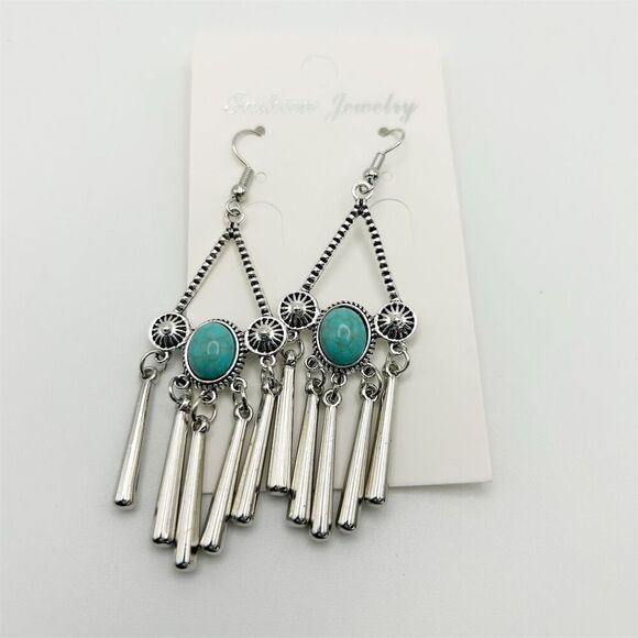 Bohemian Vintage Style Faux Turquoise & Silver Tassel Long Dangle Earrings - Picture 2 of 5
